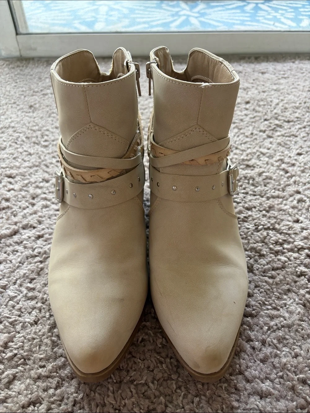 Women’s Ankle Bootie with Buckle and Braided Trim - Cream